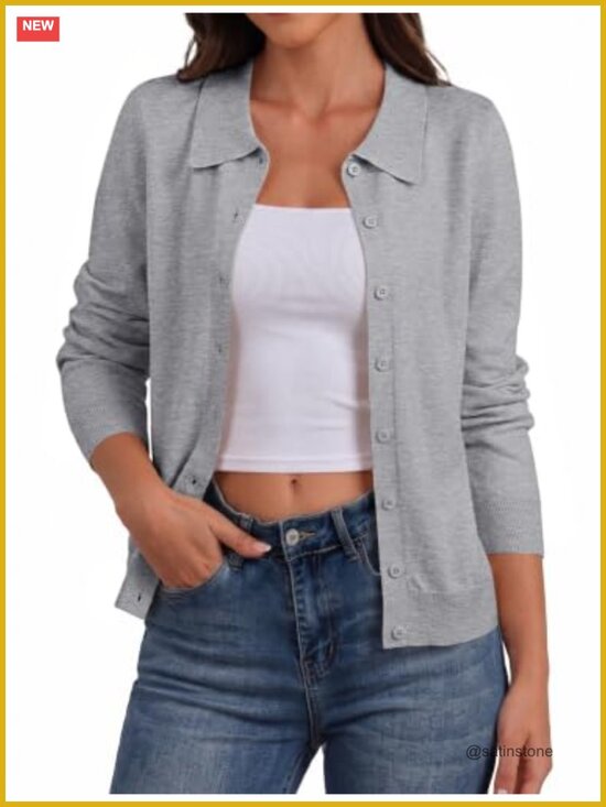 Sweaters - Lightweight Cardigan Sweater Women Long Sleeve Lapel Collar Button Down Knit